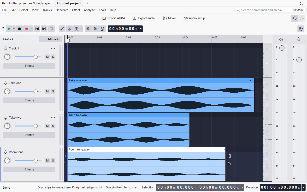 Soundscaper audio editor with tracks and an open project